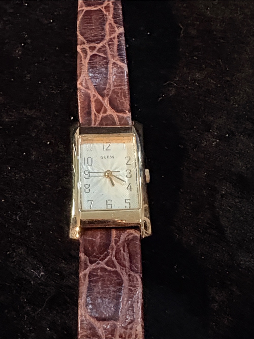 GUESS Gold-Tone Rectangular Watch with Brown Croc-Embossed Strap